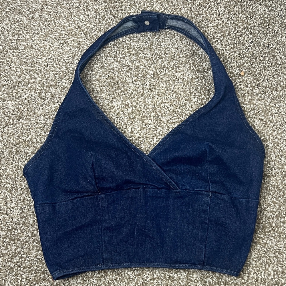 SHEIN Dark Blue Denim Halter Crop Top